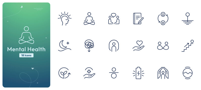 Mental health and mindfulness outline icon set for psychology and wellness design