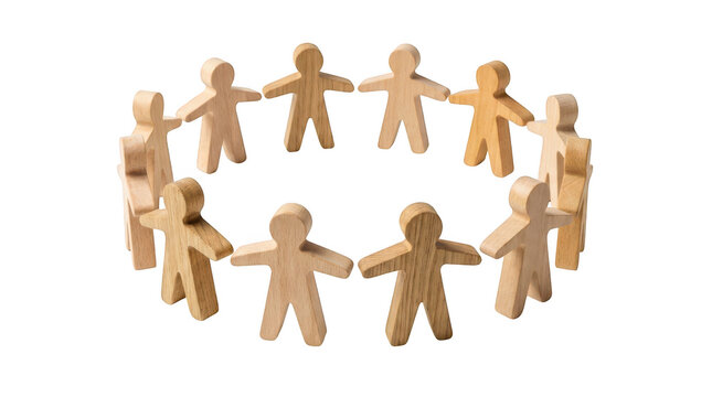Wooden figures of people standing in a circle isolated on transparent background