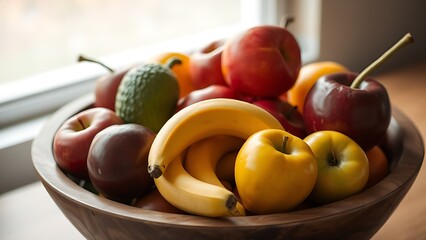 Wooden bowl with real fruit and glossy plastic replicas under soft window light. © Neko