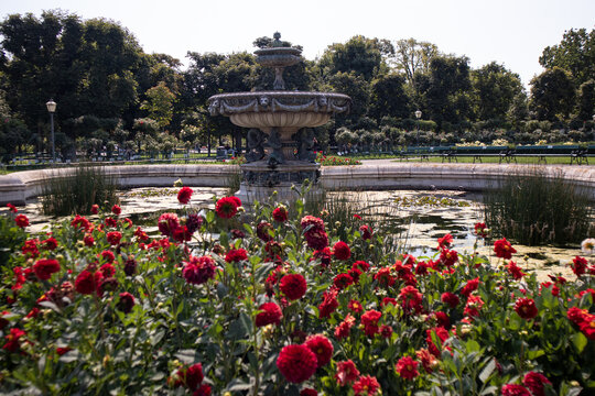 Antica fontana monumentale con ninfee e alghe nella vasca d'acqua all'interno del parco Volksgarten a Vienna circondata da giardini e alberi rigogliosi