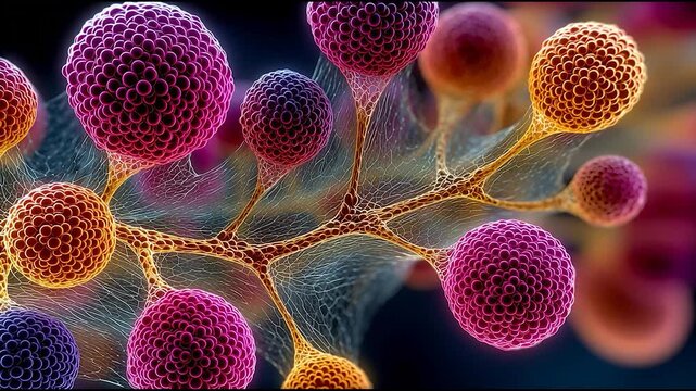 Abstract molecular structure with colorful glowing spheres and connections, scientific concept of cells, bacteria or nanotechnology with vibrant futuristic style