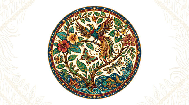 Ornate circular batik artwork illustration featuring bird wings butterfly flora and fauna in traditional decorative pattern