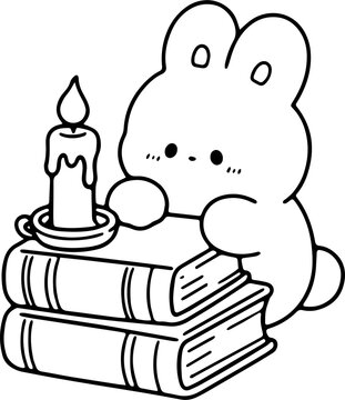 Cute Bunny Reading Books with Candle Outine Hand Drawn