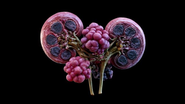 Cross-section anatomical 3D render of human kidneys with multiple cystic tumor lesions, polycystic kidney disease and renal neoplasms medical graphic isolated on black