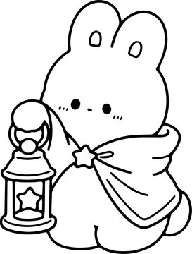 Adorable Bunny Character Holding a Lantern Outine Hand Drawn