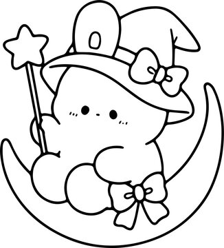 Adorable Bunny Wizard Sitting on Crescent Moon Outine Hand Drawn