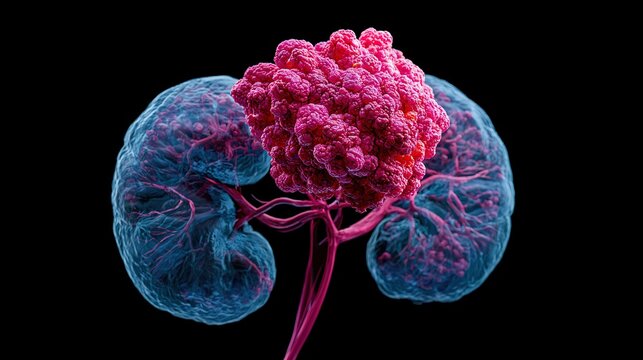 3D medical visualization of human bilateral kidneys with large malignant tumor mass, renal cancer transparent anatomical render, blood vessel structure on black background