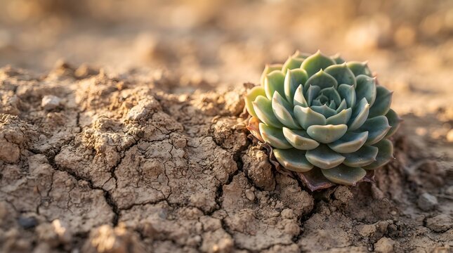 Small Succulent Plant Growing Through Dry Cracked Earth in Sunlight
