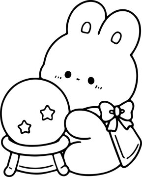 Cute Bunny with Crystal Ball Decor Outine Hand Drawn
