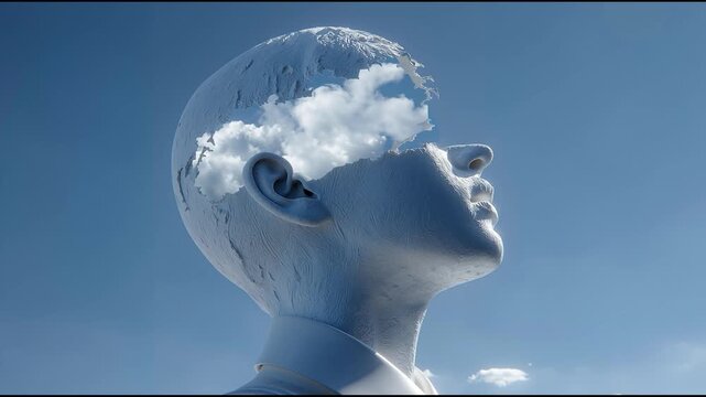 Surreal portrait of human head with sky and clouds replacing upper face, concept of imagination, mind expansion and inner world with minimalist blue background