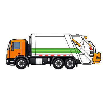 Vector illustration of an orange and white garbage truck isolated on a white background.