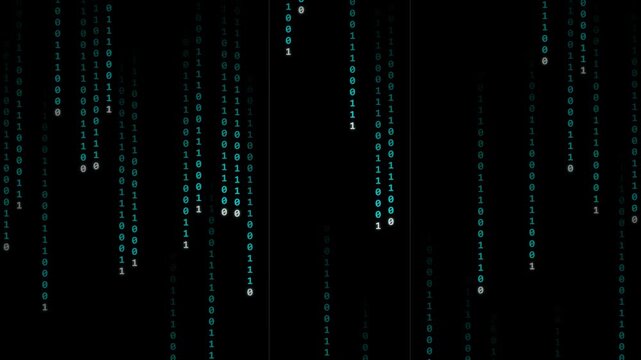 Green falling digital code on black background, representing hacking, cybersecurity, programming, and matrix technology motion graphic.
