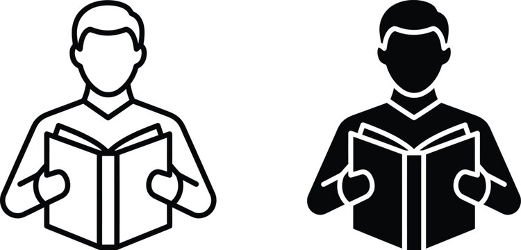 Person reading an open book two versions line art and silhouette on transparent background reader