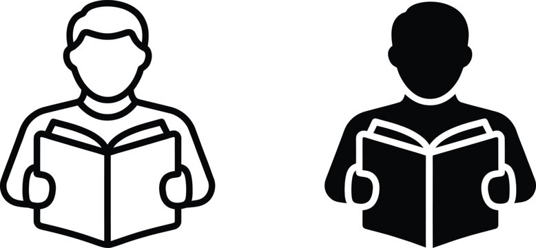 Person reading book icon linear design with black silhouette on transparent background reader literature study