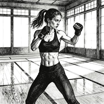 Dynamic female boxer striking pose black and white vector illustration. JPEG version.