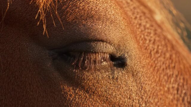 Close-up of a peaceful horse's closed eye, bathed in warm golden light.