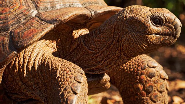 Close-up of a textured tortoise head and shell in natural sunlight outdoors.
