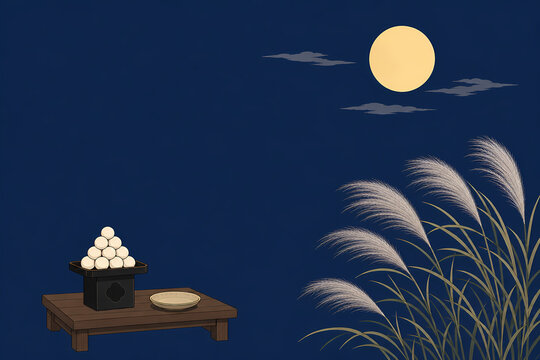 Japanese autumn moon viewing night scene with pampas grass and rice dumplings, hand drawn flat illustration