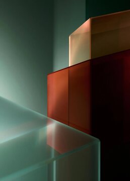 Digital art piece that appears to be a 3d rendering of a modern and abstract composition. it features three rectangular objects in different colors - one is orange, one is red, and one is light green.