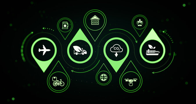 Sustainable transportation network with green mobility icons, low carbon emissions, renewable logistics and eco friendly travel concept background. 3D Rendering