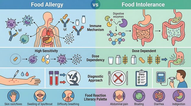 Comparison of food allergy versus food intolerance mechanisms