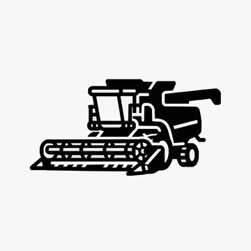Professional Black and White Line Drawing of a Classic Combine Harvester Machine in Agricultural Field Setting