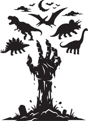 Halloween zombie hand with dinosaurs. Spooky monster claw rising from grave with prehistoric beasts. © MH Creation House