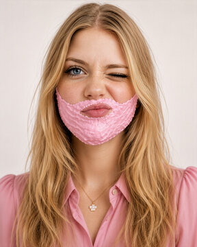 Frau mit cremigen rosa Bart