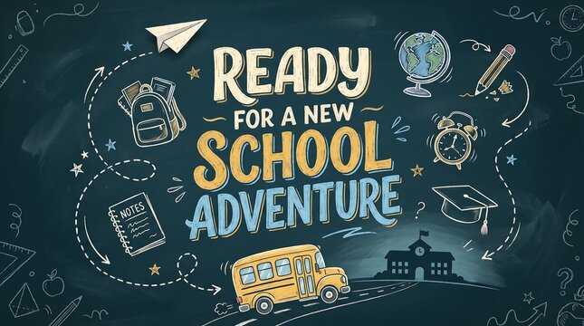 Back to school chalkboard design. Education concept with hand drawn supplies and bus.