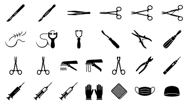 A comprehensive collection of medical and surgical instruments, tools, and supplies, presented as a grid of black and white icons.