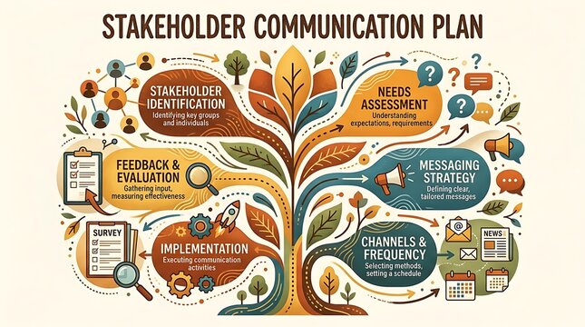 Stakeholder communication plan infographic with organic tree design