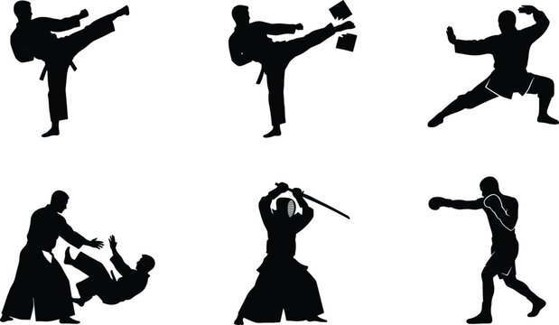 Martial Arts Fighters and Combat Sport Black Silhouette Vector Icons Set Isolated on White Background