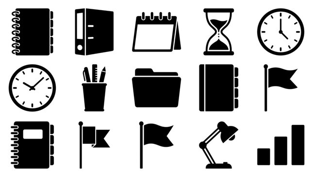 Icons Representing Office Supplies, Time Management, and Productivity Tools Featuring Notebook, Binder