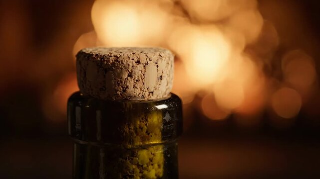 Wine bottle cork against a warm, blurry bokeh background, suggesting a cozy evening.