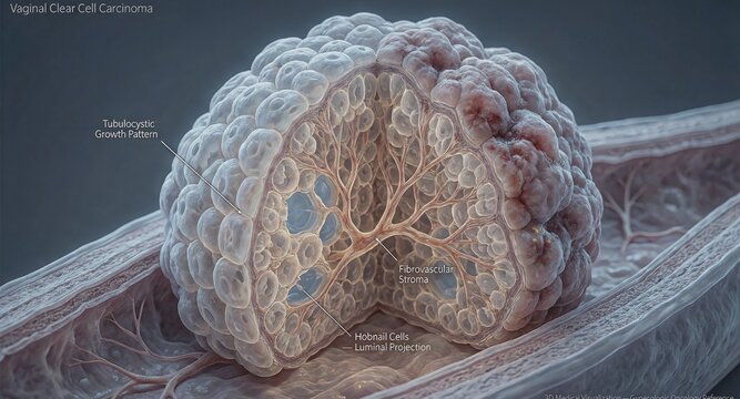3D labeled medical illustration of vaginal clear cell carcinoma, tubulocystic growth pattern with hobnail cells and fibrovascular stroma, gynecologic oncology anatomical cross section attached to vagi