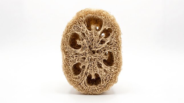 Close up view of a natural dried organic luffa sponge slice showing intricate fibrous texture for eco friendly exfoliation skincare routine