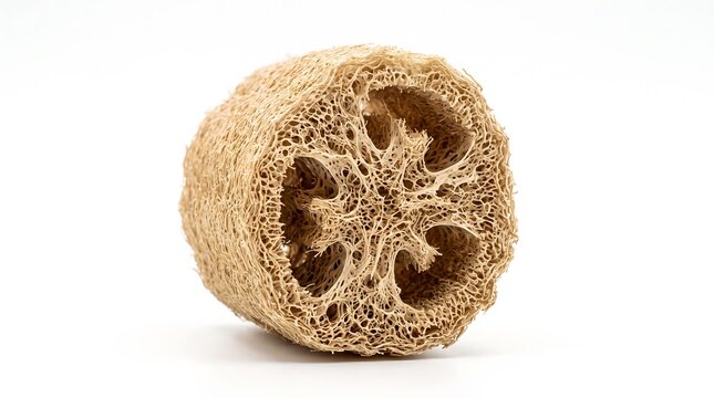 Natural organic dried loofah sponge slice for eco friendly exfoliating skincare routine and sustainable bath accessory isolated on white background