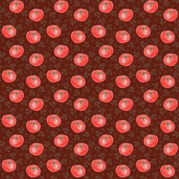 seamless pattern with red tomatoes and dill on burgundy for textile print, wrapping paper, kitchen print 