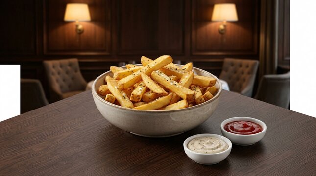 Bowl of french fries with ketchup and mayonnaise.
