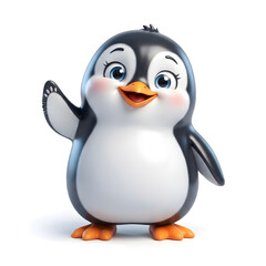 Fototapeta premium Cute 3D cartoon penguin character waving hand isolated on white background