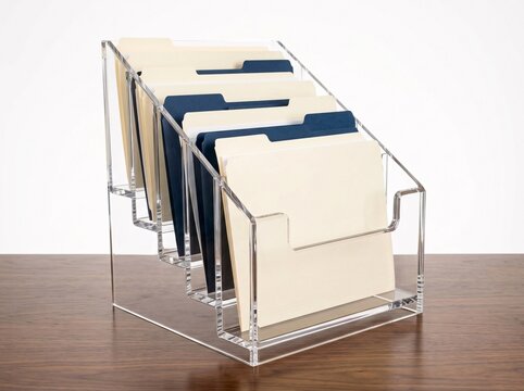Clear acrylic desktop file sorter organizer with folders.