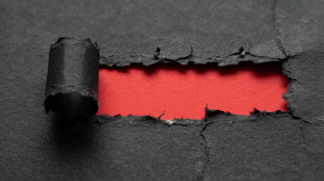 Torn black paper background revealing bright red underlay, ripped dark cardboard texture with copy space, dramatic abstract paper design