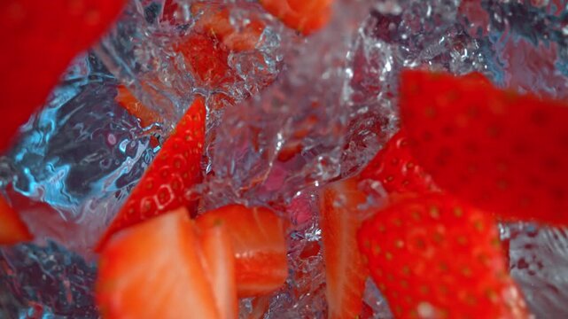 Super Slow Motion Shot of Fresh Strawberries Falling into Water at 1000fps.