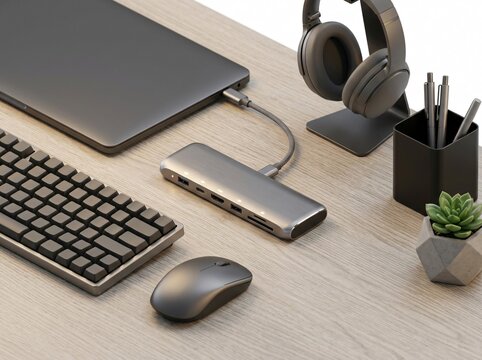 Modern desk setup with laptop keyboard mouse and hub.
