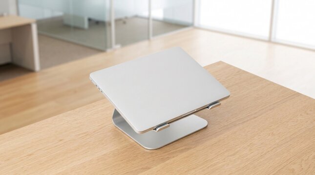 Silver laptop stand on wooden desk modern office interior.
