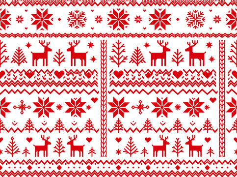 Red Christmas Pattern with Reindeer and Snowflakes