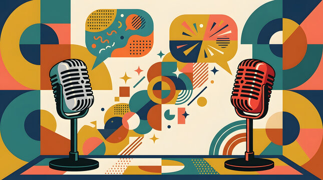 Two vintage microphones with speech bubbles on a vibrant geometric abstract background illustration