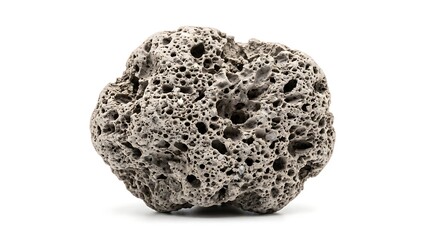 Fototapeta premium Single piece of porous volcanic pumice stone isolated on a clean white background for geology study and spa exfoliation