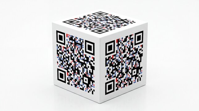 Three dimensional cube featuring unique colorful quick response codes rendered in bright studio light on white background