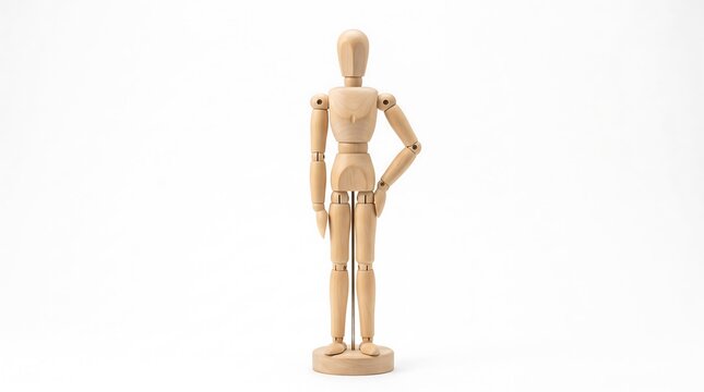 A wooden artist mannequin model standing in a classic pose isolated on a plain white studio background for creative drawing and design references